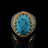 Vintage Big Oval Turquoise Stone Ring Retro Silver Bead Band