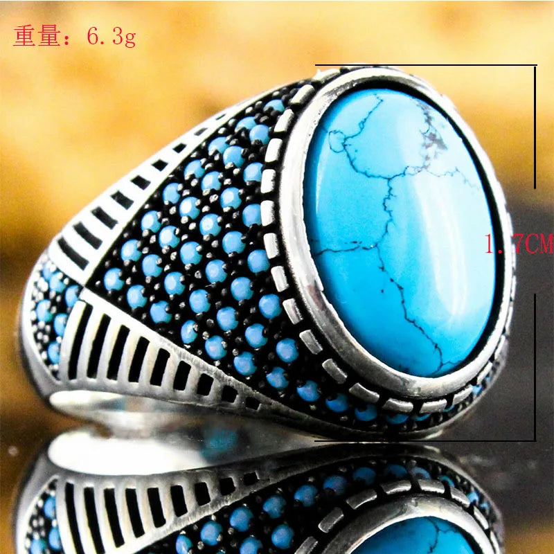 Vintage Big Oval Turquoise Stone Ring Retro Silver Bead Band