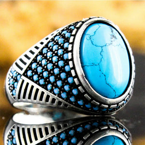 Vintage Big Oval Turquoise Stone Ring Retro Silver Bead Band