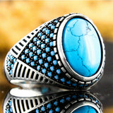 Vintage Big Oval Turquoise Stone Ring Retro Silver Bead Band