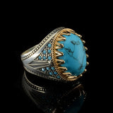 Vintage Big Oval Turquoise Stone Ring Retro Silver Bead Band
