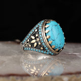 Vintage Big Oval Turquoise Stone Ring Retro Silver Bead Band