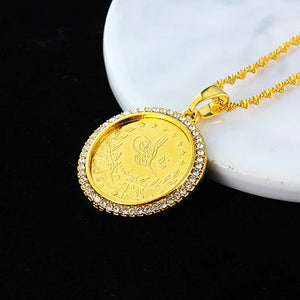 Ottoman Zircon Round Pendant Necklace Metal Flower Bird Carving Men's Jewelry