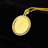 Ottoman Zircon Round Pendant Necklace Metal Flower Bird Carving Men's Jewelry