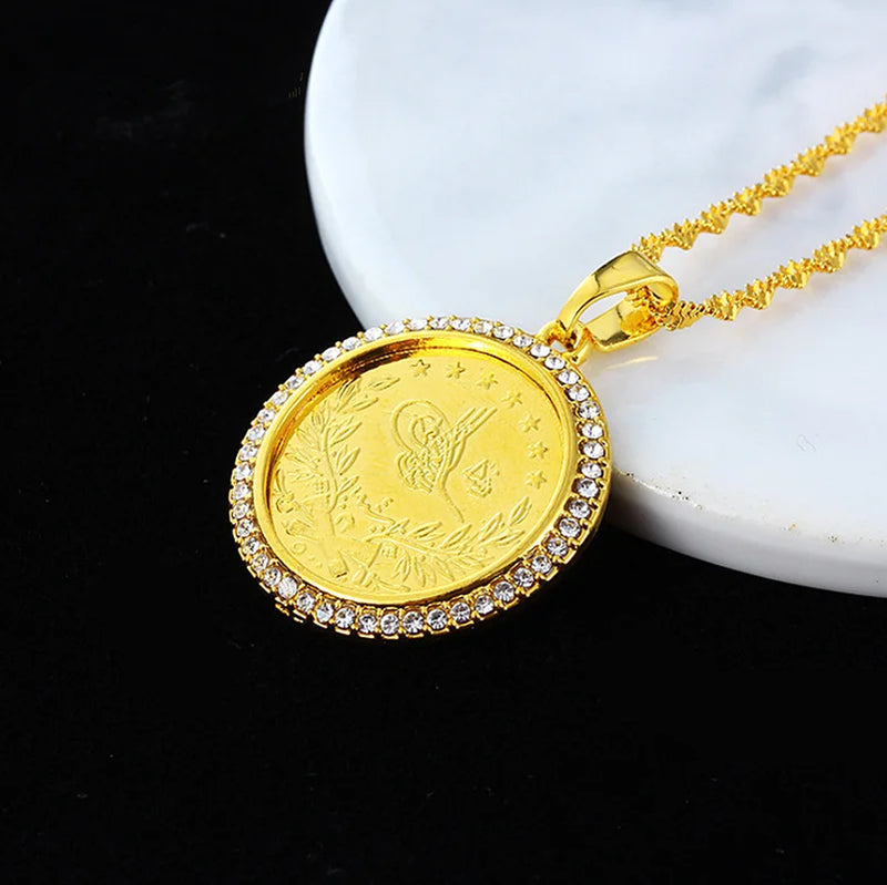 Ottoman Zircon Round Pendant Necklace Metal Flower Bird Carving Men's Jewelry