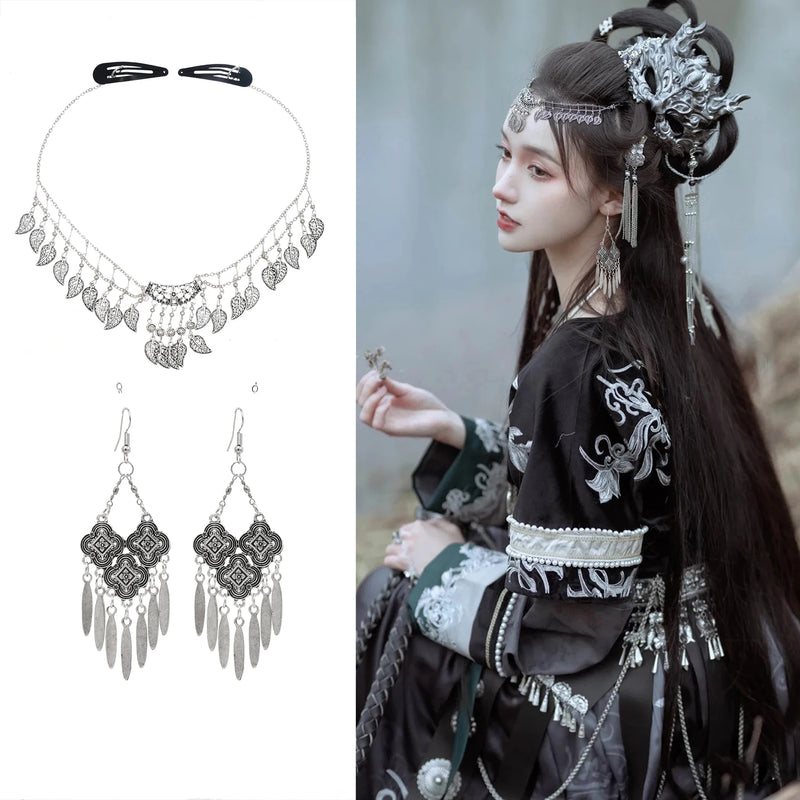 Vintage Leaf Pendant Head Chains & Earrings Sets for Women