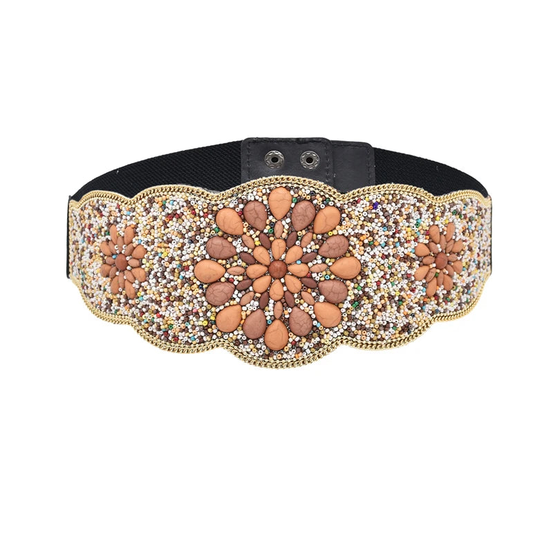 Turquoise Flower Women Belt Charms Ethnic Beads Elastic Waistband