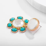 Turquoise Stone Cream Pearl Stud Earrings Plating Gift Style HE22109