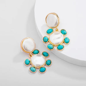 Turquoise Stone Cream Pearl Stud Earrings Plating Gift Style HE22109