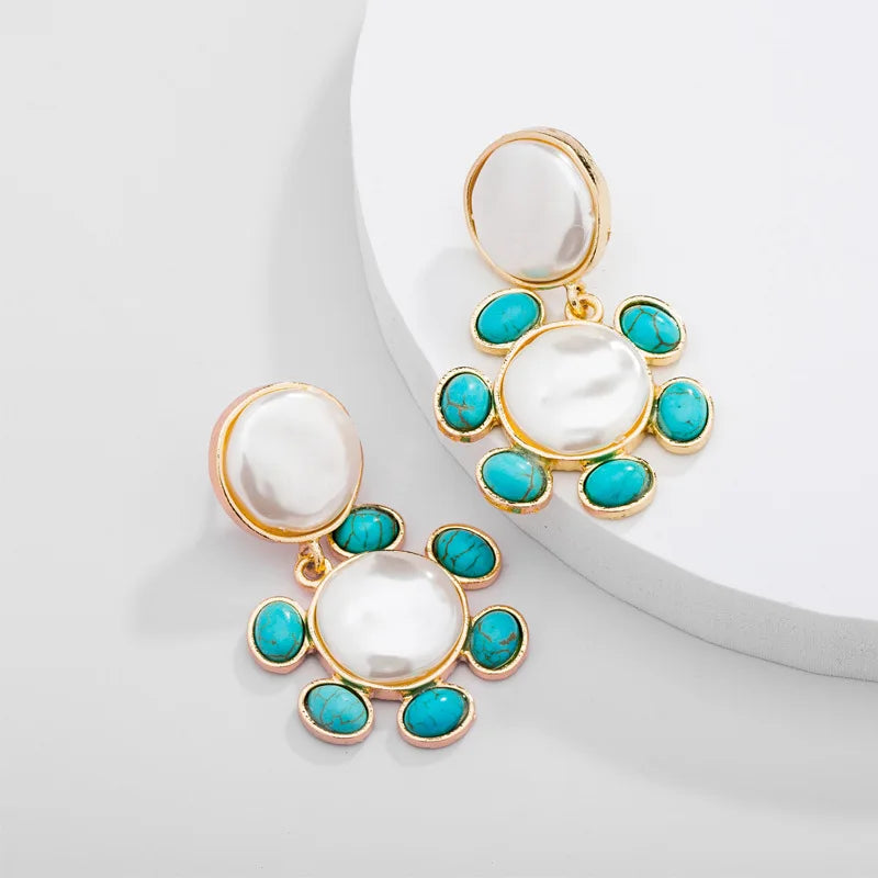 Turquoise Stone Cream Pearl Stud Earrings Plating Gift Style HE22109