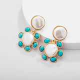 Turquoise Stone Cream Pearl Stud Earrings Plating Gift Style HE22109