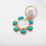 Turquoise Stone Cream Pearl Stud Earrings Plating Gift Style HE22109