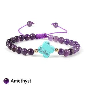 Turquoise 4 Leaf Clover Bracelet Women Tiger Eye Amethyst Pink Crystal Beads