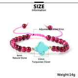 Turquoise 4 Leaf Clover Bracelet Women Tiger Eye Amethyst Pink Crystal Beads
