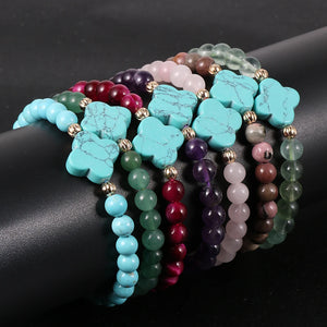 Turquoise 4 Leaf Clover Bracelet Women Tiger Eye Amethyst Pink Crystal Beads