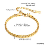 Twist Rope Chain Bracelet Stainless Steel for Women Adjustable Length