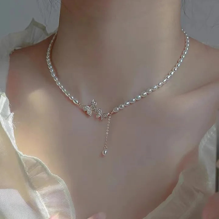Butterfly Zircon Pearl Necklace Collarbone Chain High-end Women's Tide