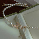 Butterfly Zircon Pearl Necklace Collarbone Chain High-end Women's Tide