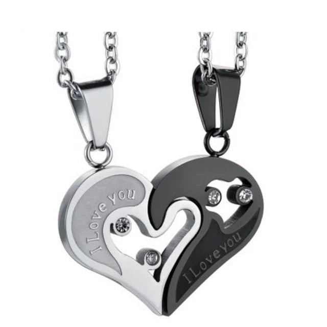 Stainless Steel Couple Necklace Heart CZ Puzzle Matching