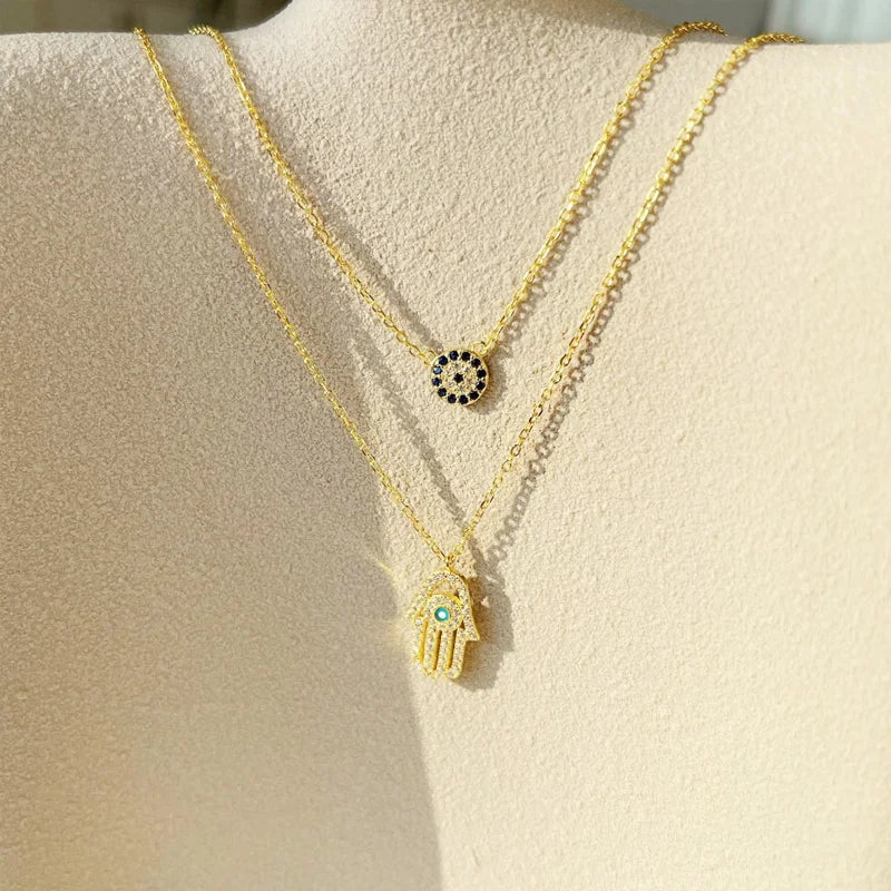 925 Silver Zircon Evil Eye Pendant Necklace Vintage Demon Eye Fatima Hand Choker