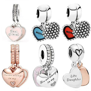 Mother Daughter Son Heart Pendant 925 Silver Charms for Bracelet DIY