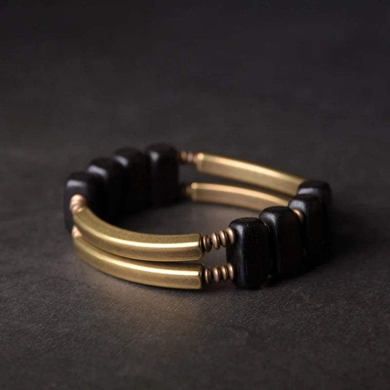 Ebony Copper Beads Bracelet Geometric Bangle Rock Metal Protective Punk