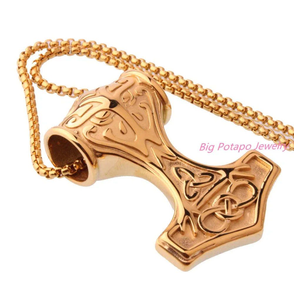 Punk Stainless Steel Mens Silver Pendant Necklace Knot Myth Mjolnir Thors Hammer