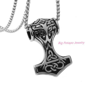 Punk Stainless Steel Mens Silver Pendant Necklace Knot Myth Mjolnir Thors Hammer