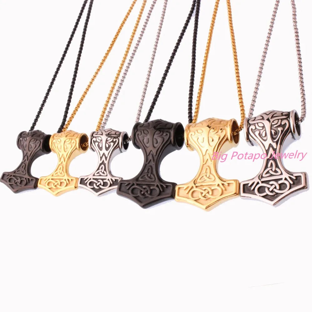 Punk Stainless Steel Mens Silver Pendant Necklace Knot Myth Mjolnir Thors Hammer