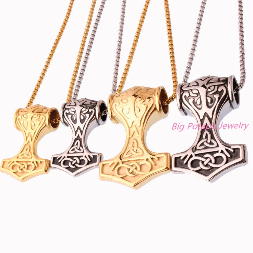Punk Stainless Steel Mens Silver Pendant Necklace Knot Myth Mjolnir Thors Hammer