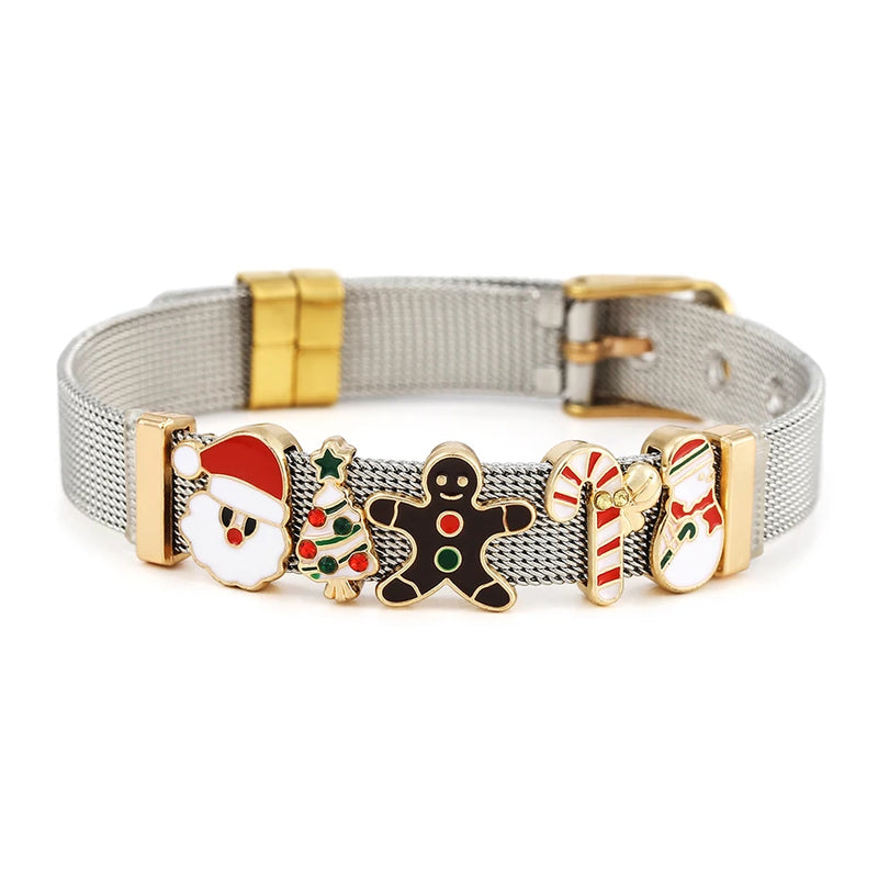 10mm Two Tone Stainless Steel Mesh Bracelet Christmas Theme