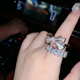 Two Tone Bowknot Silver Wedding Bands Zircon Double Knot Finger Rings