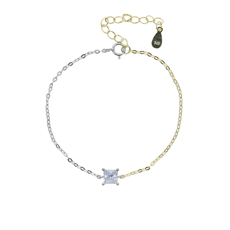 Two Tone Silver Delicate Chain CZ 925 Sterling Silver Minimal Bracelet