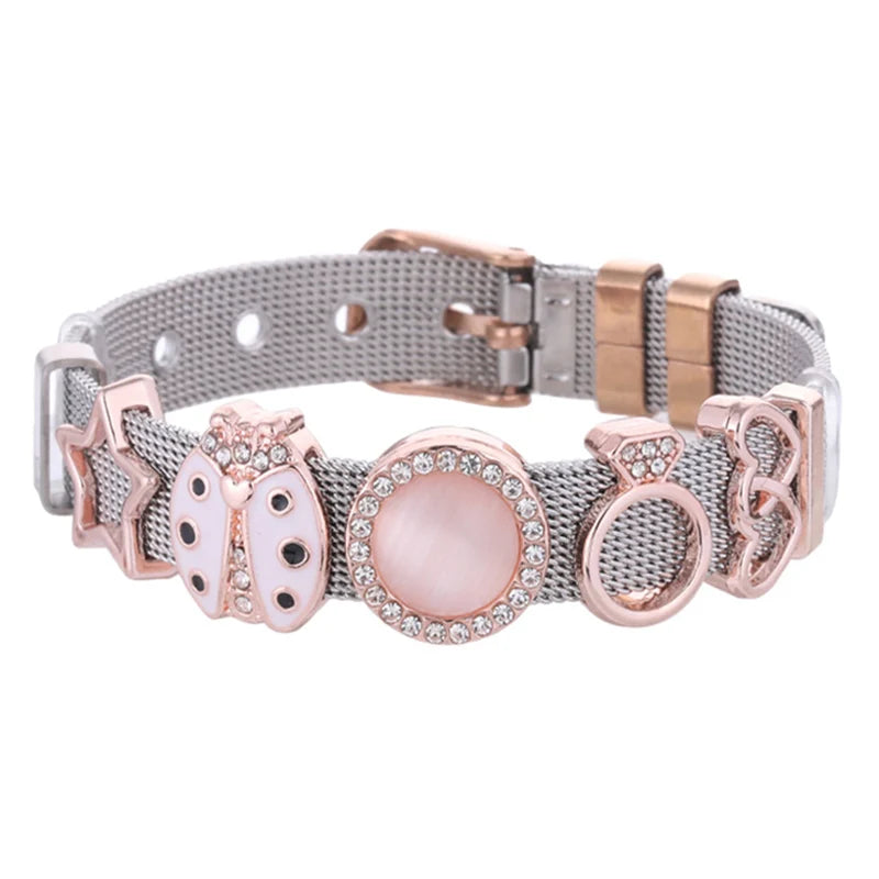 Two-tone Pink Ladybug Bracelet for Women with Star Charms - DIY Jewelry Gift