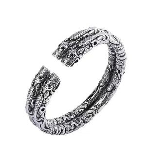 Two-ring Bangles Retro S925 Silver Double Dragon Bracelet Gift
