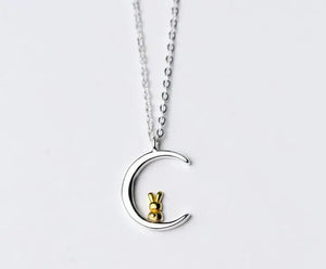 925 Sterling Silver Bunny Rabbit Moon Necklace Pendant