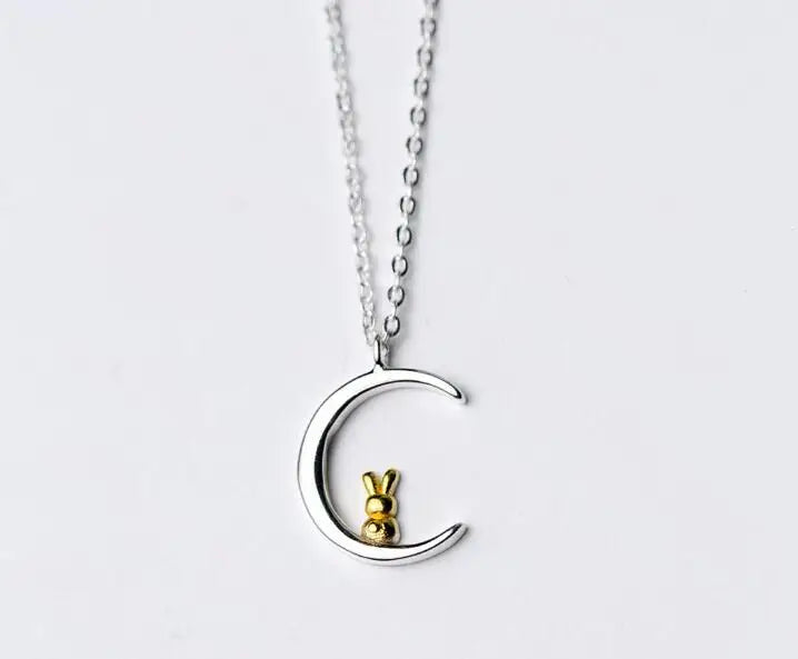 925 Sterling Silver Bunny Rabbit Moon Necklace Pendant
