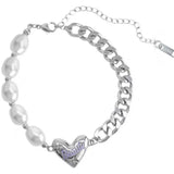 U-Magical Asymmetric Heart Charm Bracelet Pearl Chunky Chain Jewelry