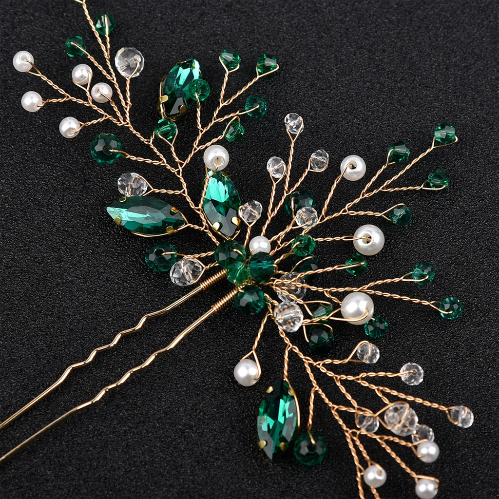 Green Rhinestone U Shaped Hair Sticks Forks for Bride Wedding Hair Accessories
