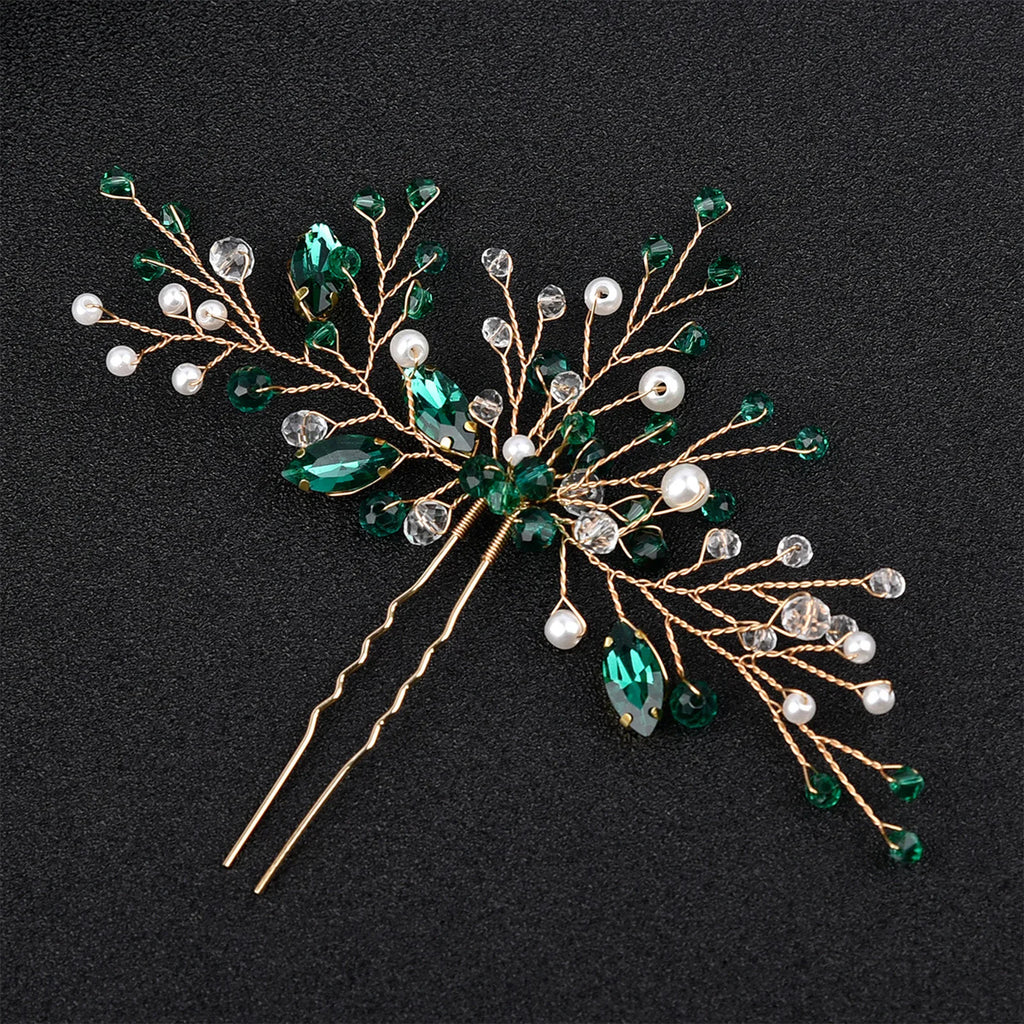 Green Rhinestone U Shaped Hair Sticks Forks for Bride Wedding Hair Accessories