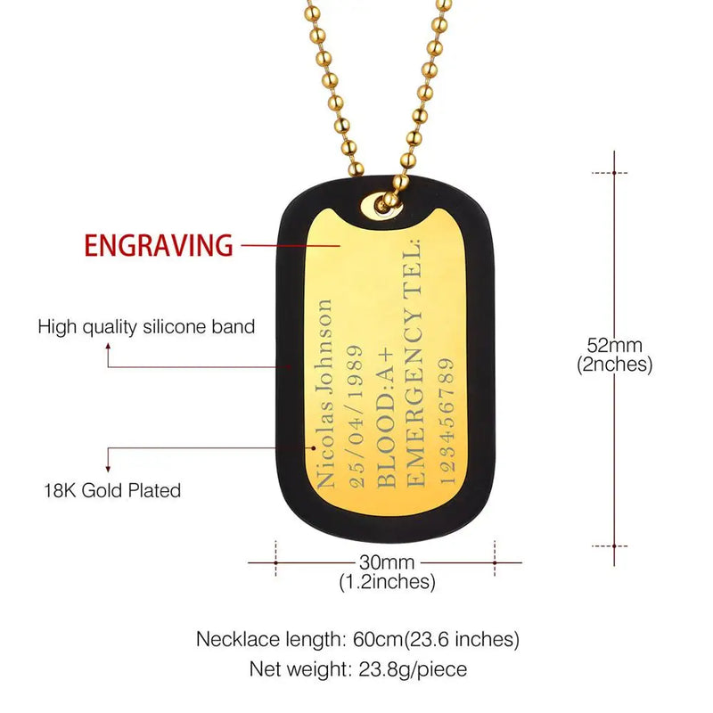 Men's Military ID Dog Tag Pendant Necklace Stainless Steel/Gold Engraved N1127