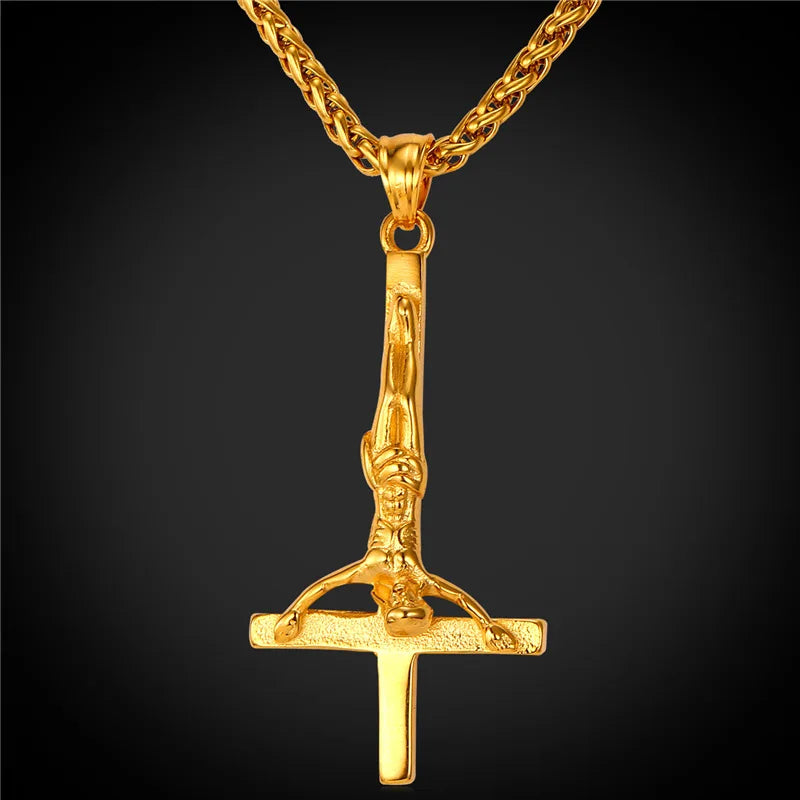 Inverted Cross Necklace Men Gothic Satanic Upside Down Cross Pendant