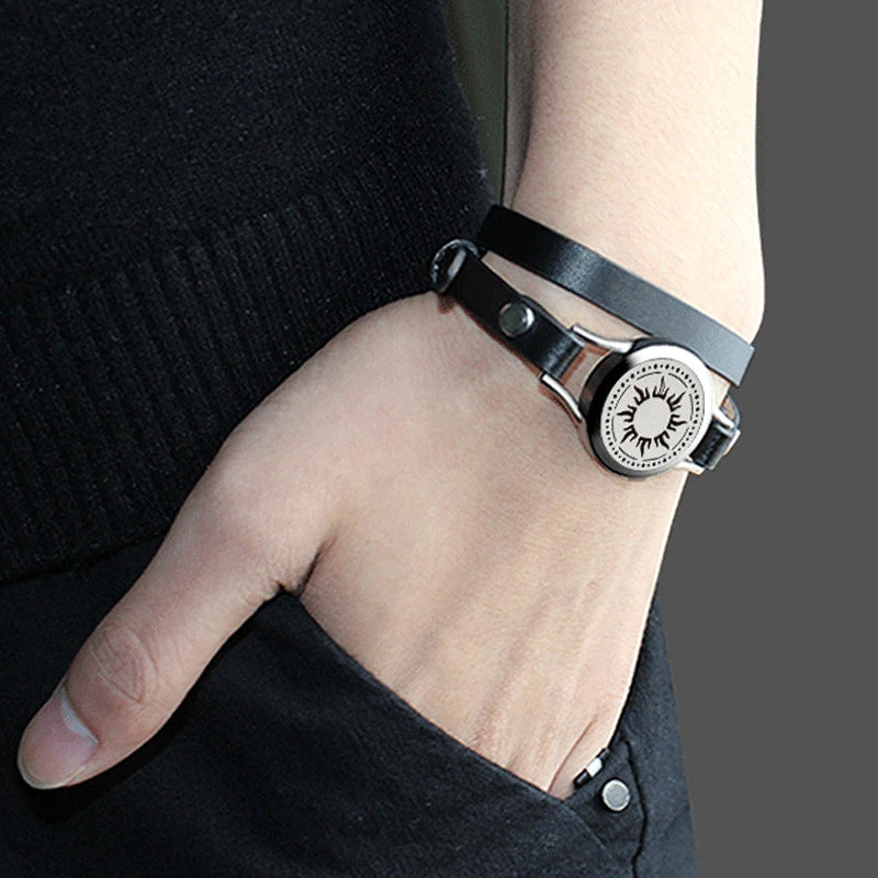 Men Leather Bracelet Stainless Steel Charm Diffuser Vintage Jewelry
