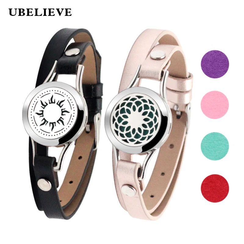 Men Leather Bracelet Stainless Steel Charm Diffuser Vintage Jewelry