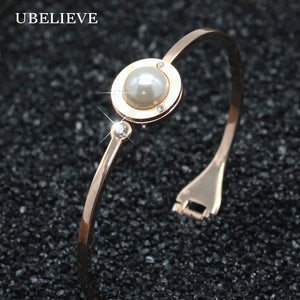 Retro Pearl Bracelet Rose Stainless Steel Round Shell Bangles