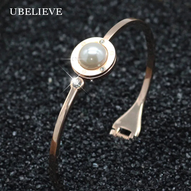 Retro Pearl Bracelet Rose Stainless Steel Round Shell Bangles