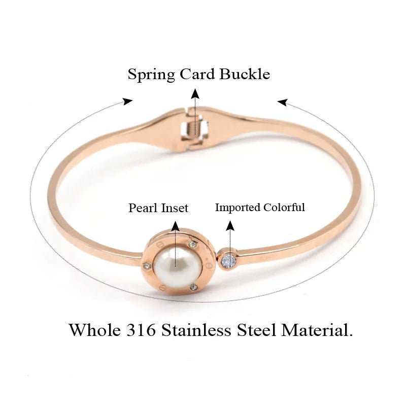 Retro Pearl Bracelet Rose Stainless Steel Round Shell Bangles