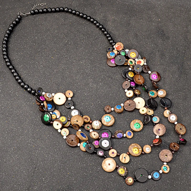 Bohemian Wood Bead Ethnic Necklace Vintage Choker Jewelry