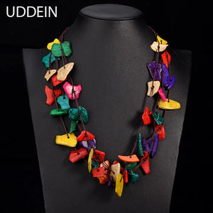 Boho Wood Chip Pendant Necklace Vintage Statement Collar
