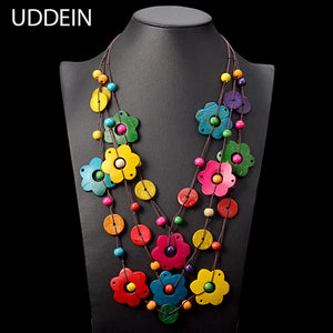 Bohemian Maxi Necklace Wood Tassel Pendant Statement Choker Flower Collar